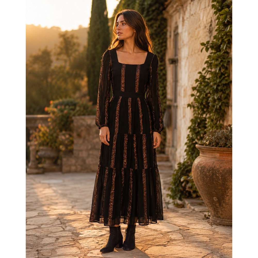NWT Adelyn Rae Black Copper Metallic Stripe Tiered Midi Dress S